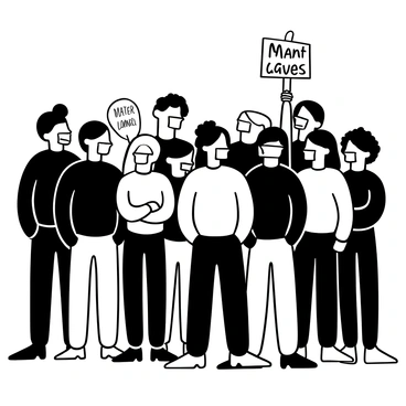 A crowd of people standing closely together, each person has a piece of tape secured over their mouths. The individuals vary in height, body shape, and clothing style, creating a diverse scene. Their arms are crossed or hanging by their sides, and some have their heads slightly lowered. In the background, a few people are holding signs with slogans written on them, while others appear to be looking ahead. The overall atmosphere conveys a sense of silent solidarity among the crowd.