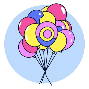 A cluster of colorful balloons arranged to form a bullseye pattern. The balloons feature concentric circles of red, yellow, and blue colors. They are floating gracefully against a clear blue sky. Each balloon has a glossy surface that reflects sunlight, enhancing their vibrant colors. The balloons are tied together at the bottom with a single string that flows gently in the breeze.