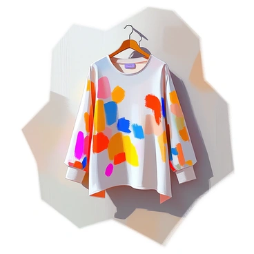 A tunic-style blouse with a loose fit features an abstract art-inspired pattern. The blouse has long, flowing sleeves that gently drape down, and its hem curves slightly below the hips. The fabric displays a vibrant mix of colors and shapes, including swirls of blues, reds, and yellows, creating an eye-catching design. The neckline is wide and open, enhancing the relaxed appearance of the blouse. This garment is displayed hanging on a wooden hanger against a neutral background, allowing its unique pattern to stand out.
