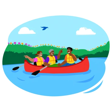 A group of four friends in brightly colored life jackets paddling a canoe through a wide estuary. The canoe glides smoothly over the water, surrounded by lush green vegetation on both sides. In the background, colorful wildflowers line the banks, adding pops of color to the scene. The friends are laughing and enjoying each other's company, with one friend pointing excitedly at a bird soaring overhead. The sky is clear blue with a few fluffy white clouds drifting by.