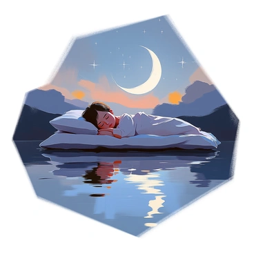 A crescent moon is hanging gently in the night sky, casting a soft light over a calm body of water. The moon's reflection on the surface of the water forms the outline of a sleeping person, with the features subtly suggested by the rippling waves. The water is still, enhancing the clarity of the reflection, and the surrounding landscape is shrouded in darkness, providing a serene backdrop. The night sky is dotted with a few twinkling stars, adding a magical atmosphere to the scene.