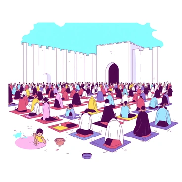 A large group of people dressed in traditional attire is gathered in an open courtyard, preparing to perform "Eid prayers." The courtyard is surrounded by tall, white walls, adding a sense of enclosure to the scene. In the foreground, individuals are kneeling on colorful prayer mats arranged neatly in rows. Above, the sky is bright blue, and sunlight casts soft shadows across the courtyard. Some participants are raising their hands in prayer, while others have their heads bowed in reverence. Several children are playing nearby, adding a lively atmosphere to the gathering.