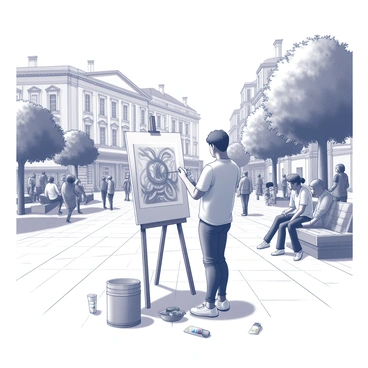A street artist stands in a busy public square, surrounded by an audience. The artist is focused on a large canvas propped up on an easel. Various paintbrushes are scattered around, and paint tubes are visible on the ground. The canvas features an intricate design that is being carefully crafted. In the background, people are walking by, some pausing to watch the artist at work. Several trees provide shade in the square, and a few benches are occupied by spectators observing the scene. The architecture of nearby buildings is detailed, showcasing a mix of styles.