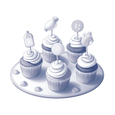 A display of several cupcakes arranged on a decorated table. Each cupcake is topped with a unique, personalized baby-themed topper that features various designs such as baby bottles, pacifiers, and cute animals. The cupcakes are presented in pastel-colored wrappers, with some decorated with swirls of icing. The table is adorned with a soft cloth and small baby-related decorations, creating a festive atmosphere suitable for a celebration.