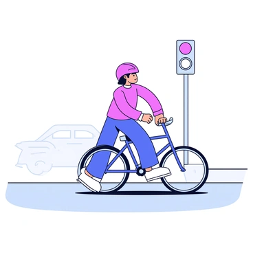 A cyclist wearing a bright red helmet is paused at a stoplight. The bike is a sleek design with a blue frame and thin tires. The cyclist's hands are resting on the handlebars, and their feet are positioned on the pedals. The stoplight above displays a red signal. The road is a light gray color, and there are faint outlines of other vehicles in the background. The cyclist's shadow is cast onto the ground below them, emphasizing the stillness of the moment.