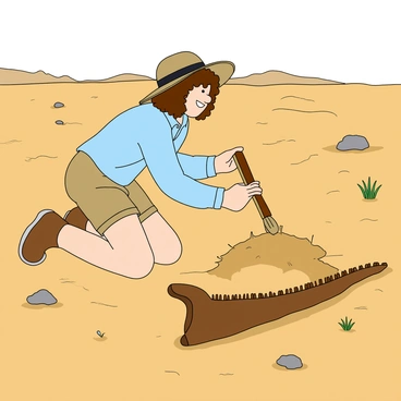 A young fossil hunter with light skin and curly brown hair is kneeling on the dry, cracked ground of an arid desert. The sun casts a warm glow on the scene. She is wearing a light blue shirt, beige cargo shorts, and a wide-brimmed hat to shield her from the sun. In her hands, she holds a small brush, gently clearing dirt from around a large, partially buried dinosaur bone. Surrounding her are scattered rocks and sparse patches of dry grass, typical of desert terrain. In the background, there are distant sandy hills that create a sense of vastness. The scene captures her excitement and focus as she uncovers this rare find.