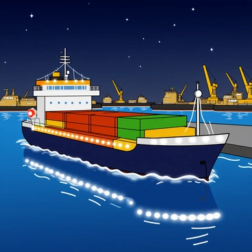 A large cargo ship with a dark blue hull, brightly lit with white lights along its deck and superstructure, is navigating through a bustling river port at night. The ship has several colorful containers stacked on its deck, showcasing hues of red, green, and yellow. The water is reflecting the ship's lights, creating a shimmering effect on the surface. In the background, a variety of cranes and other ships are visible, all illuminated and actively working in the port. The night sky is clear with a few stars twinkling above, adding to the vibrant atmosphere of the busy port scene.