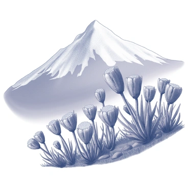 A mountainous landscape features a prominently rising peak in the background. In the foreground, clusters of "protea flowers" are growing robustly, their distinctive shapes and textures clearly visible. The scene is set under a clear sky, allowing the sunlight to illuminate the flowers and the rugged terrain. The mountain's slopes are rugged, with visible rock formations and patches of grass, creating a natural contrast with the vibrant "protea flowers" below.
