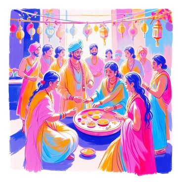 A group of people is gathered in a lively setting, wearing traditional Indian clothing. Men are dressed in kurtas and dhotis in vibrant colors, while women are adorned in sarees with intricate patterns and embroidery. Some individuals are wearing turbans and jewelry, highlighting their cultural heritage. They are participating in various activities, such as dancing and sharing food. Colorful decorations are visible in the background, such as garlands made of flowers and hanging lanterns. The atmosphere is filled with joy and festive spirit, as everyone enjoys the celebration together.