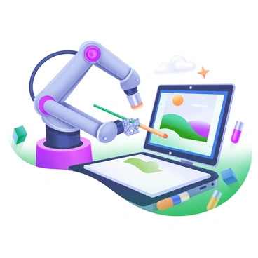 A robotic arm positioned over a blank canvas, with its mechanical fingers delicately holding a paintbrush. The arm is connected to a sleek computer displaying a digital sketch of a landscape, featuring rolling hills, a bright sun, and a few fluffy clouds. Surrounding the robotic arm are scattered paint tubes and brushes in various colors, adding a creative atmosphere. The scene is well-lit, highlighting the intricate details of the robotic components and the vibrant colors of the landscape being illustrated.