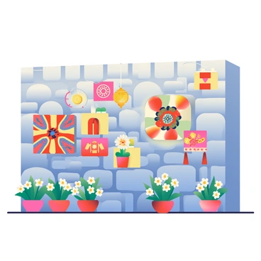 A stone wall is prominently situated in the foreground, with various textures and colors visible in the rough stones. The wall is adorned with traditional artwork, featuring vibrant patterns and motifs painted in shades of red, blue, and yellow. Handcrafted decorations, such as colorful woven textiles and intricate wooden carvings, are affixed to the stones, adding depth and interest. Small lanterns made of paper are hung at intervals, their soft glow illuminating the artwork as dusk approaches. Below the wall, a vibrant array of potted plants with flowers in full bloom adds a fresh touch to the festive atmosphere.