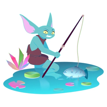 A gremlin sitting by a pond, fishing with a homemade rod.
