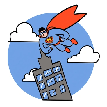 A superhero with a muscular build and a vibrant blue and red costume is soaring through the sky. The costume features a prominent emblem on the chest and a flowing red cape billowing behind. Below, a tall building with large glass windows reflects the sunlight. The superhero has a determined expression, with short black hair and a mask covering part of the face. The sky is bright blue with fluffy white clouds scattered throughout, creating a sense of motion and adventure.