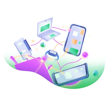 A modern pastel illustration of a network of interconnected devices forming the shape of a "footprint." The footprint consists of various electronic devices, like smartphones, laptops, and smartwatches, all connected by glowing lines representing digital connections. The background is a soft gradient, enhancing the overall composition. Each device is illustrated in different pastel colors, creating a harmonious and visually appealing design.