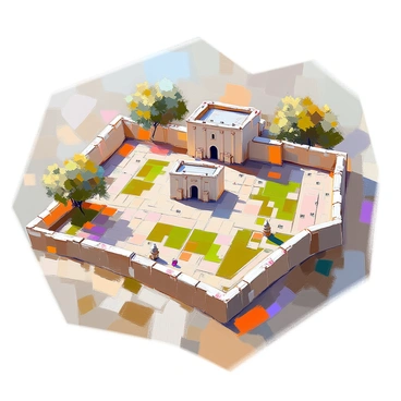 A detailed map of the Alamo, showcasing the historic site with its iconic mission structure at the center. Surrounding the Alamo, various strategic points are marked, including nearby roads, significant landmarks, and battle positions. The terrain features include a mix of open spaces and wooded areas, with labels indicating different areas of interest. The design of the map is intricate, highlighting elevation changes and key routes used during historic events. Each strategic point is clearly marked with symbols and annotations for easy identification.