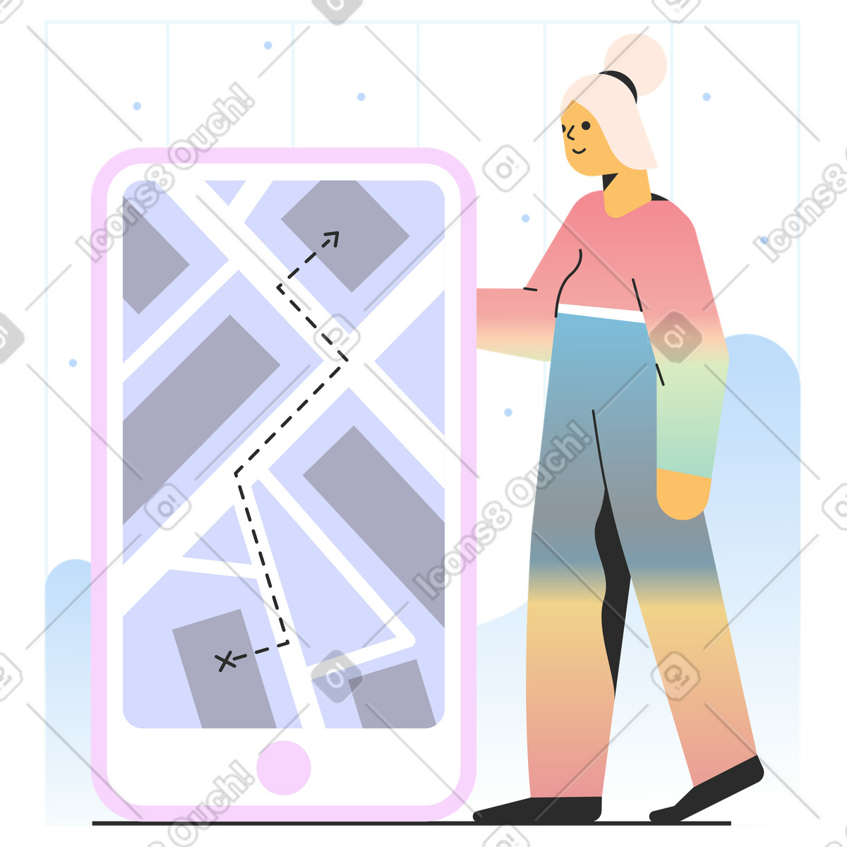 Illustration La femme utilise un navigateur au téléphone dans le style Marginalia à télécharger aux formats PNG, SVG