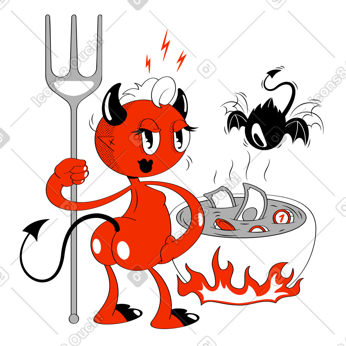 Devil brewing money potion in cauldron illustration Looney style download PNG, SVG