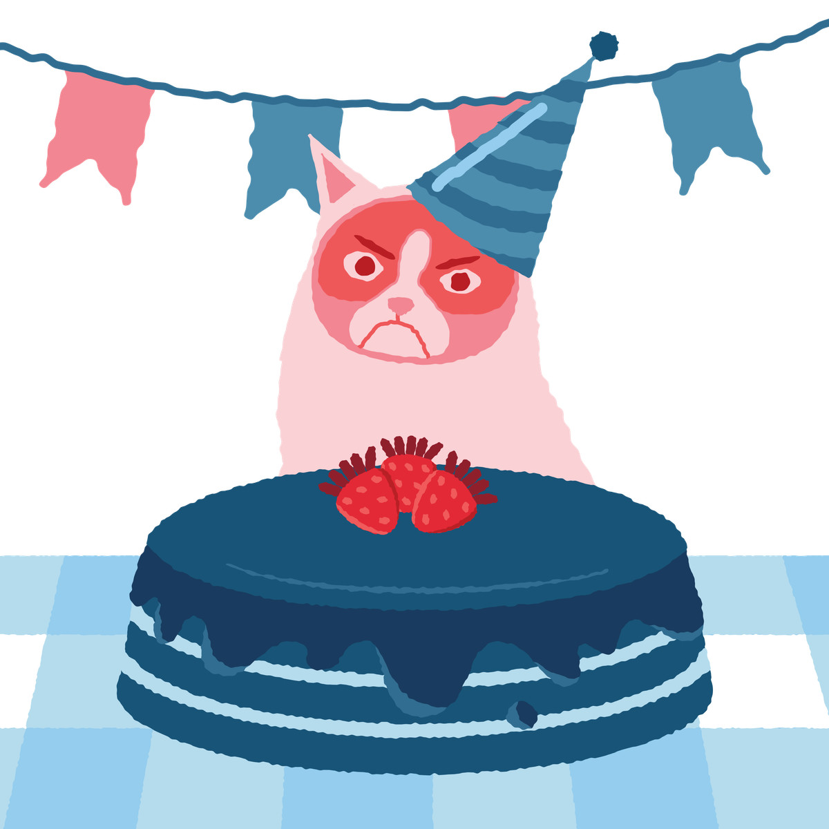 Grumpy cat celebrating its birthday illustration in Cherry style download in PNG, SVG