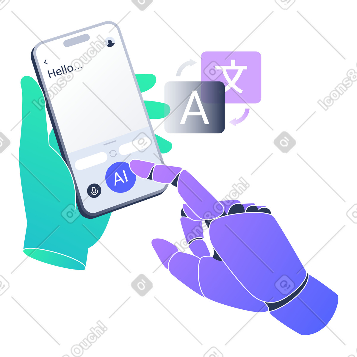 Illustration Un humain et robot utilisent une application de traduction ia, concept linguistique alimentée par l'ia dans le style Lucent à télécharger aux formats PNG, SVG
