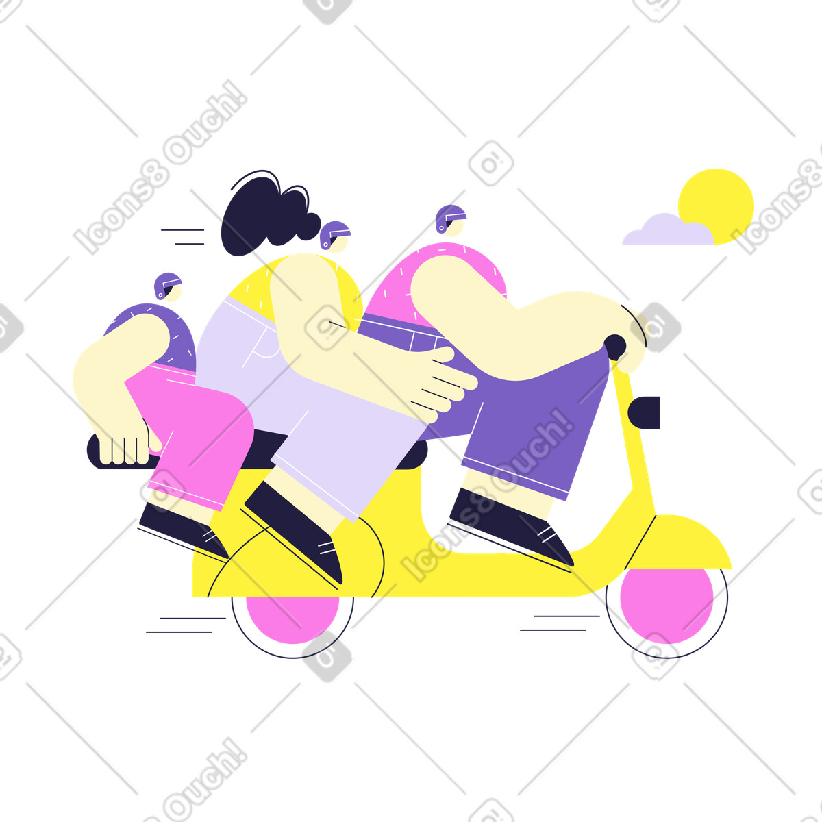下载 Mellow 风格的 一家人在旅途中骑着 vespa 摩托车 插画，支持 PNG、SVG 格式