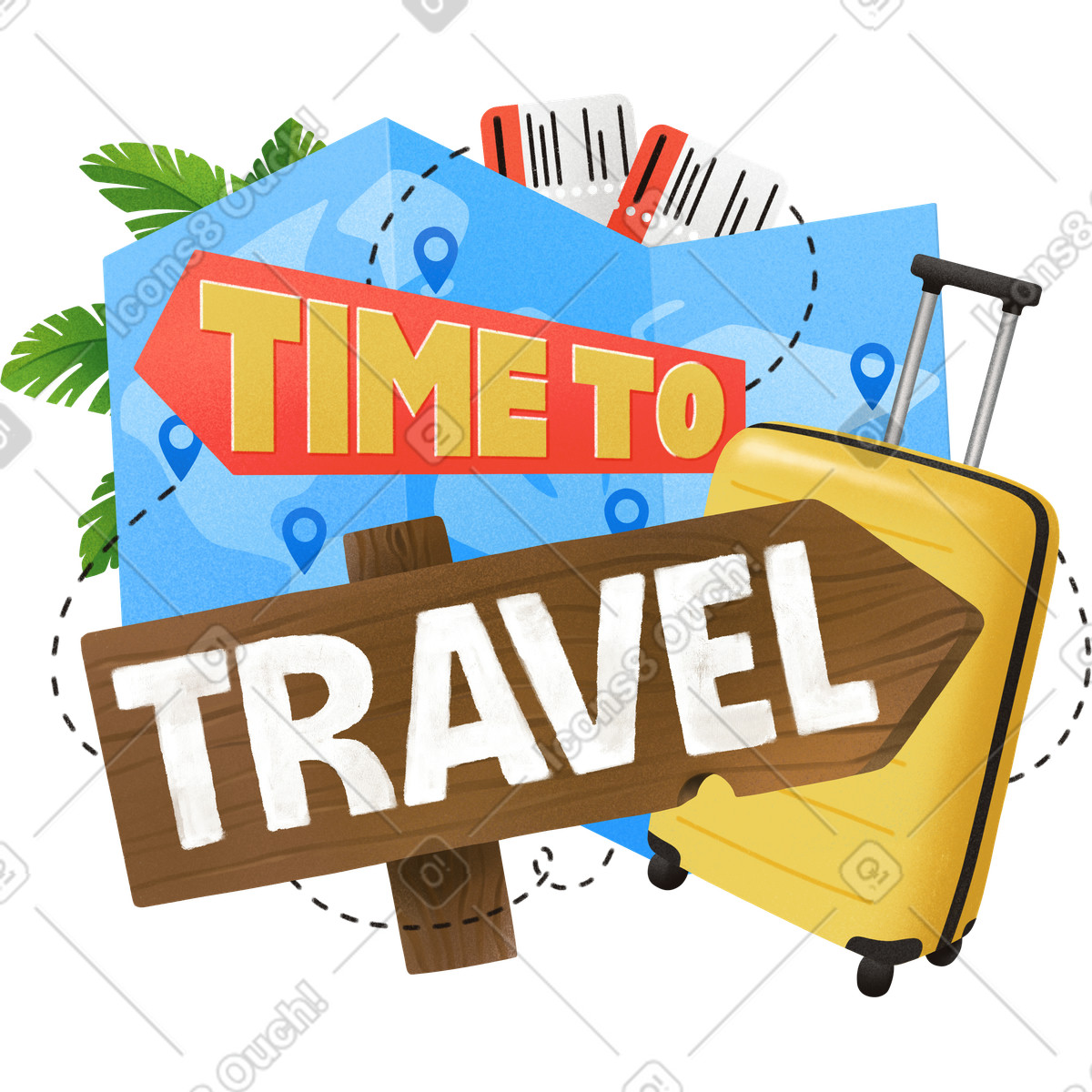 Иллюстрация Lettering time to travel with map and suitcase text в стиле — скачать в форматах PNG, SVG