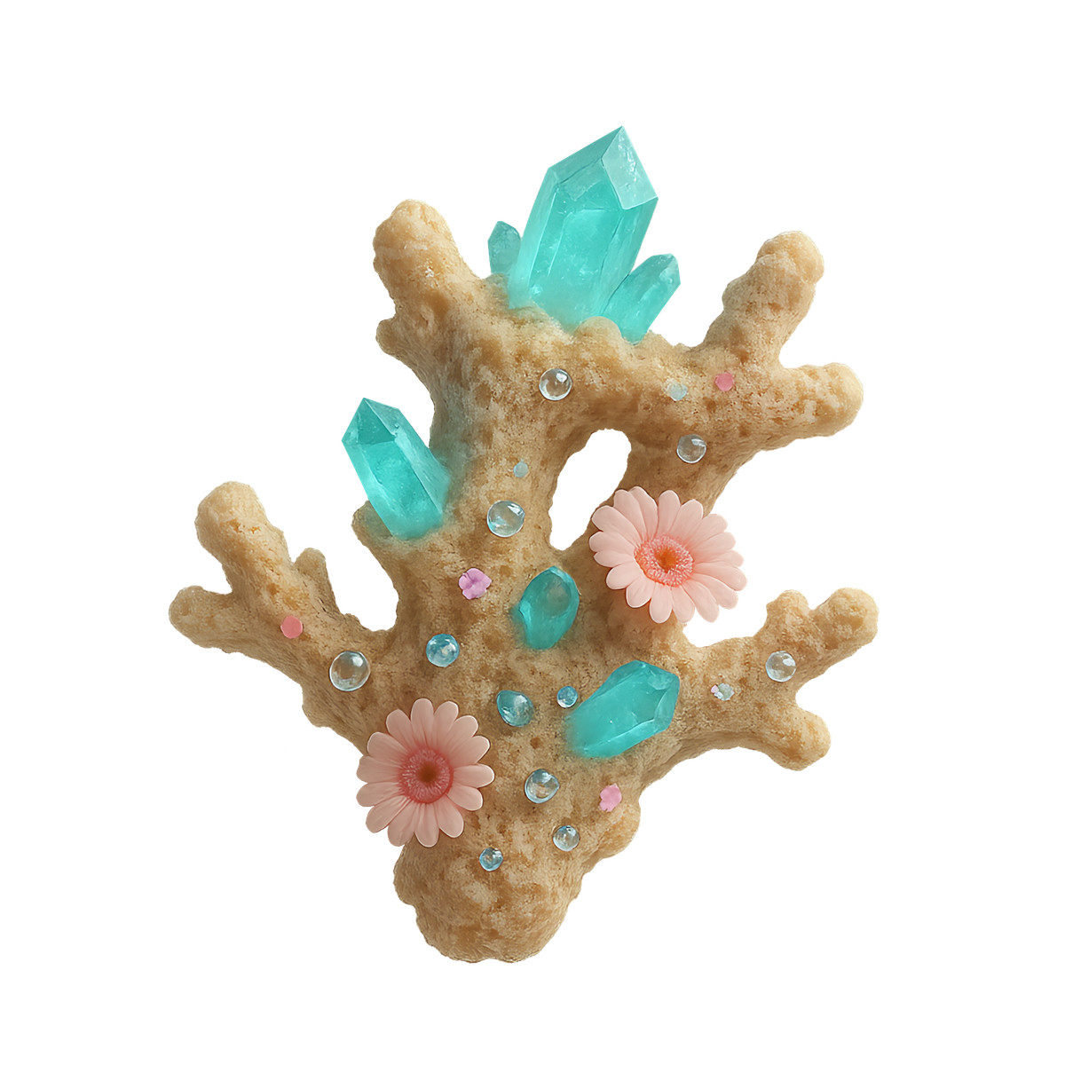 Blue crystal formations on coral branch with flowers, Fantasy nature concept illustration in Biomorphic style download in PNG, SVG