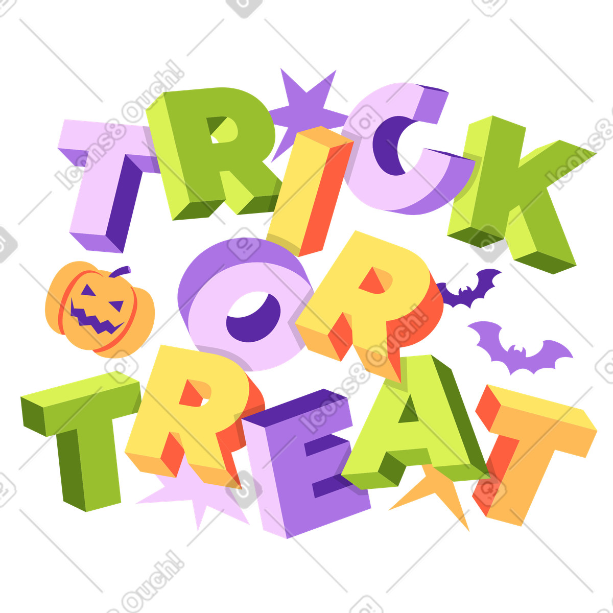 Whimsical trick or treat typography with Halloween symbols, Seasonal event and holiday greeting-Illustration im Lettering-Stil als Download in PNG, SVG