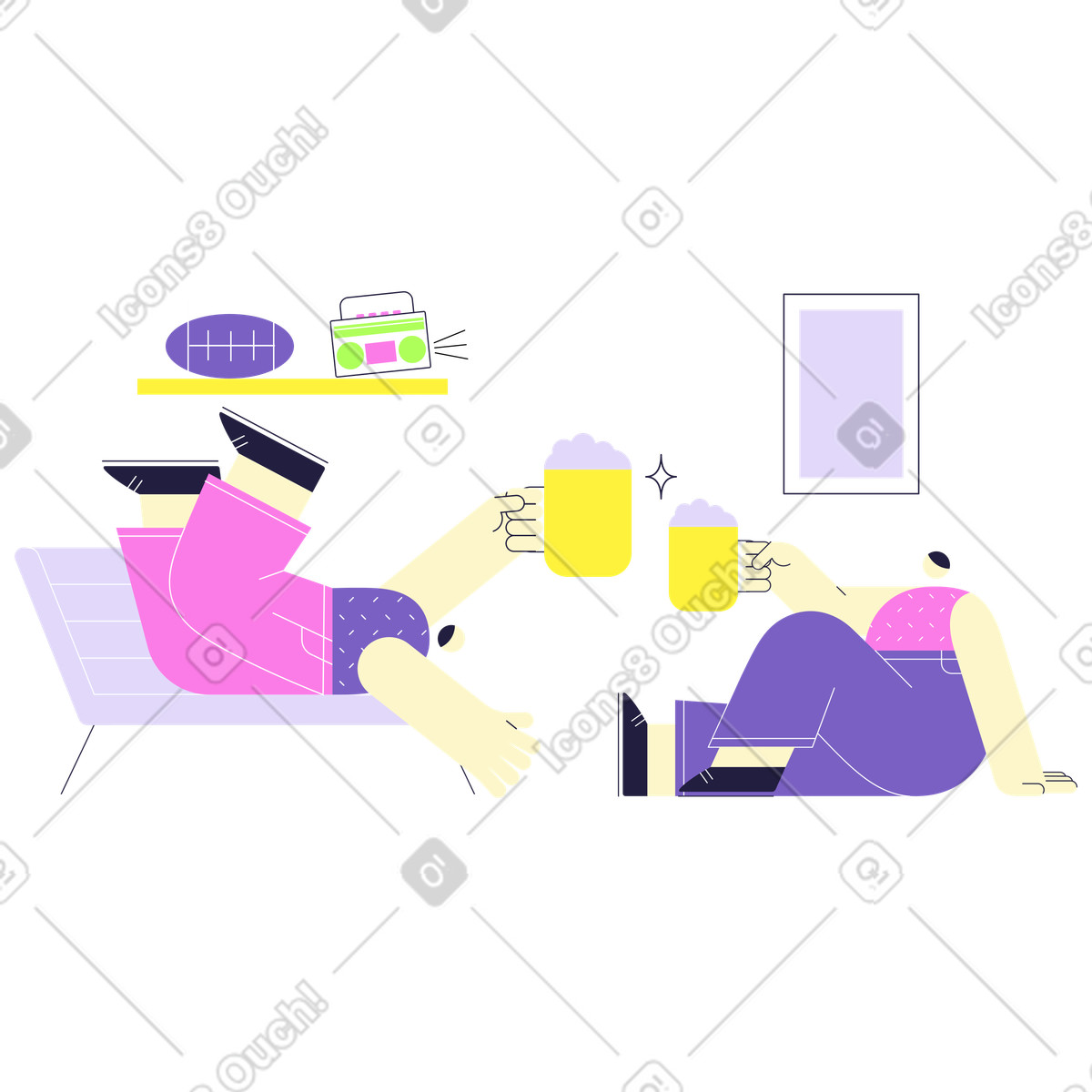 Ilustración Aficionados al rugby chocando jarras de cerveza en estilo Mellow a descargar en PNG y SVG