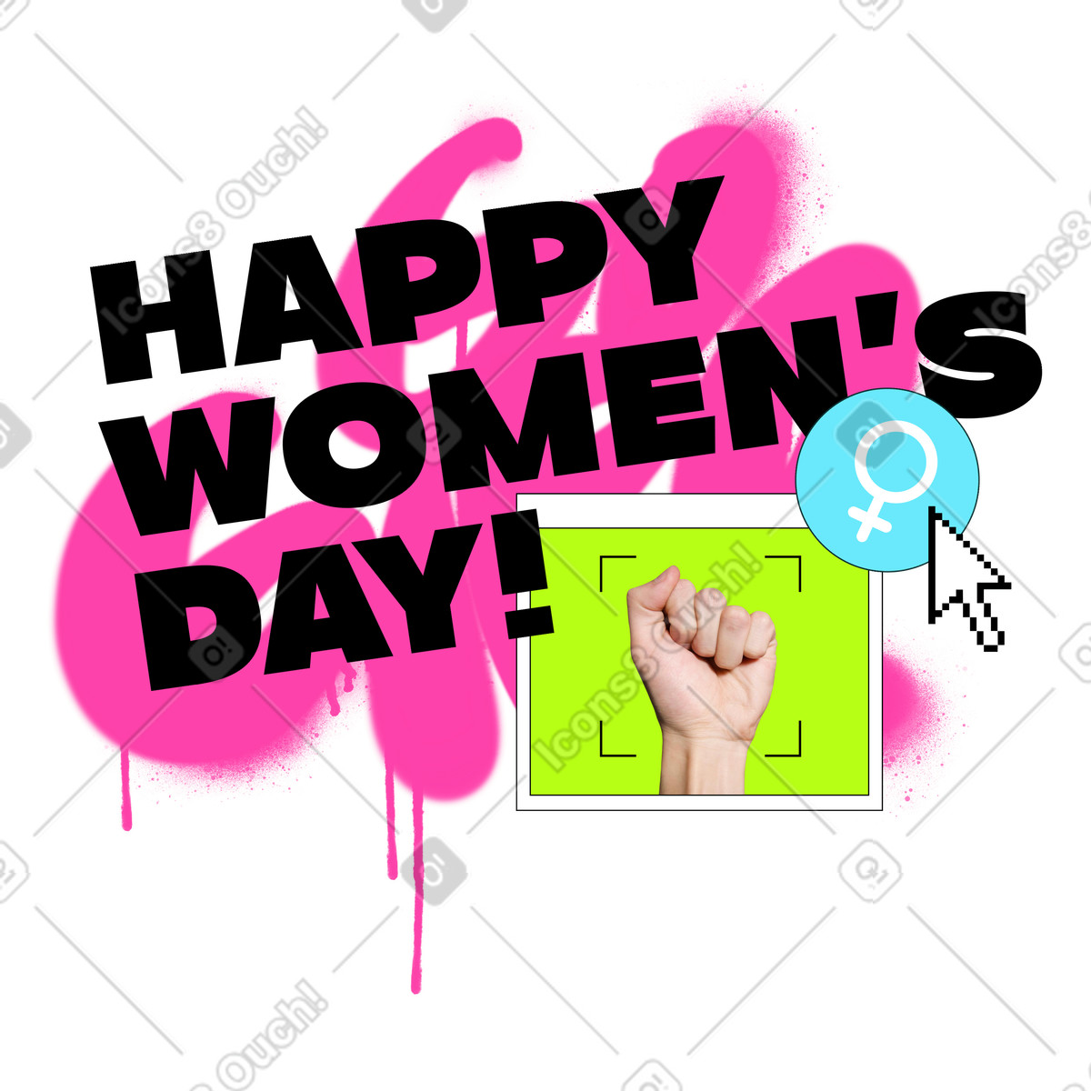 Testo happy women's day con simbolo femminile, pugno e graffiti rosa vai ragazza illustrazione in stile Jumble scarica in PNG, SVG