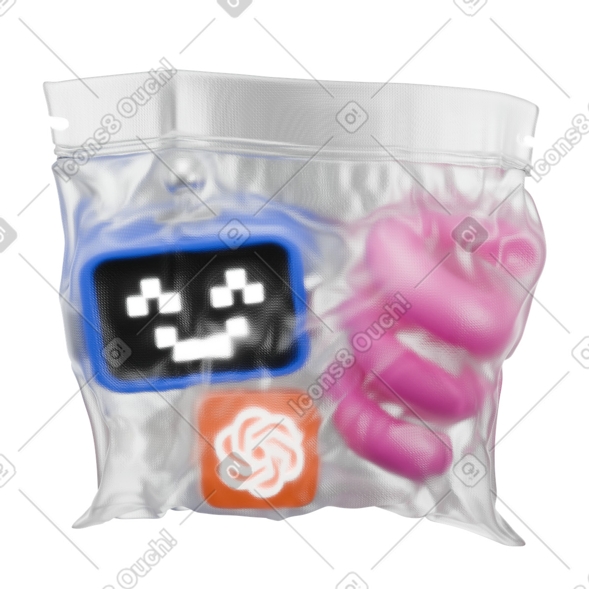 Sealed robot head and ChatGPT icon in vacuum bag, Data security AI privacy illustration 3D Wrap style download PNG, SVG