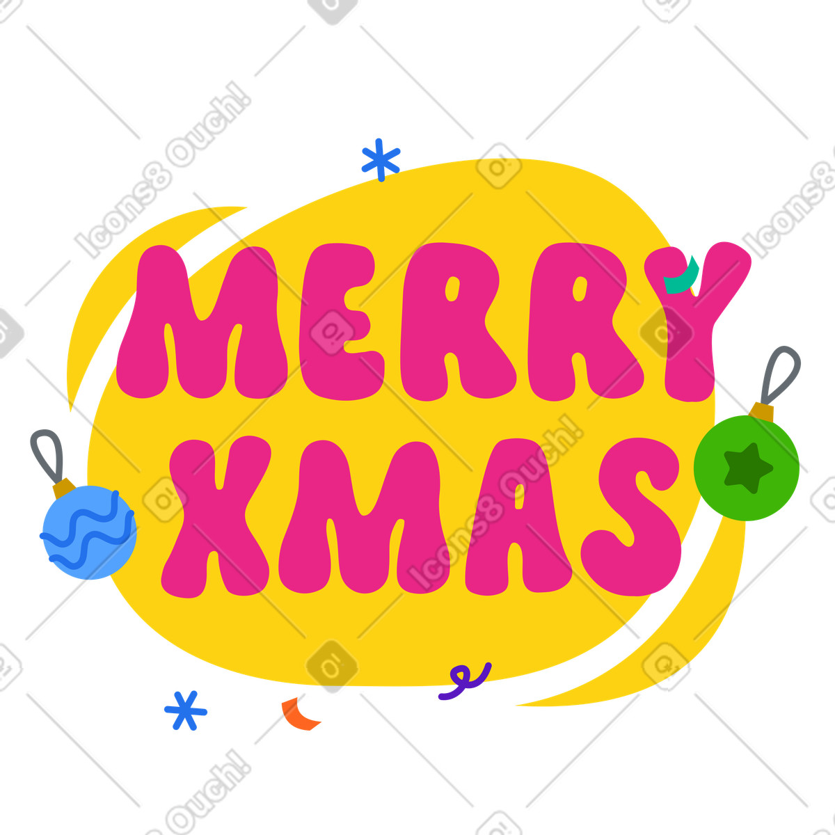 Merry Xmas lettering with Christmas ornaments illustration in Active style download in PNG, SVG
