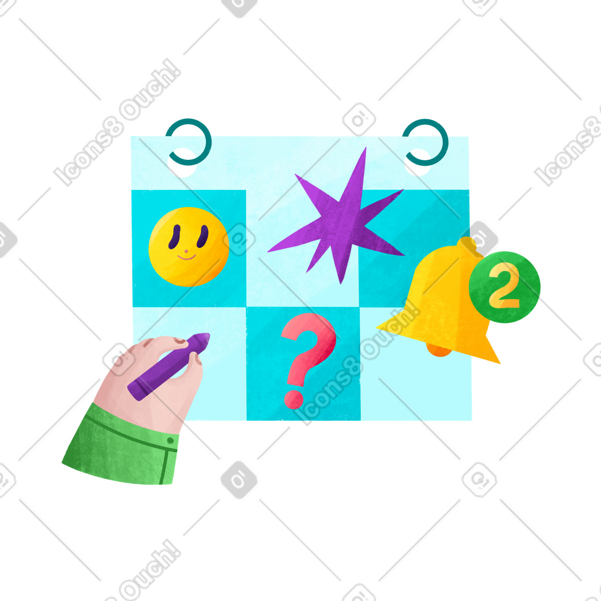 Ilustración Planificador de calendario con iconos y una mano bolígrafo. en estilo Bonbon a descargar en PNG SVG