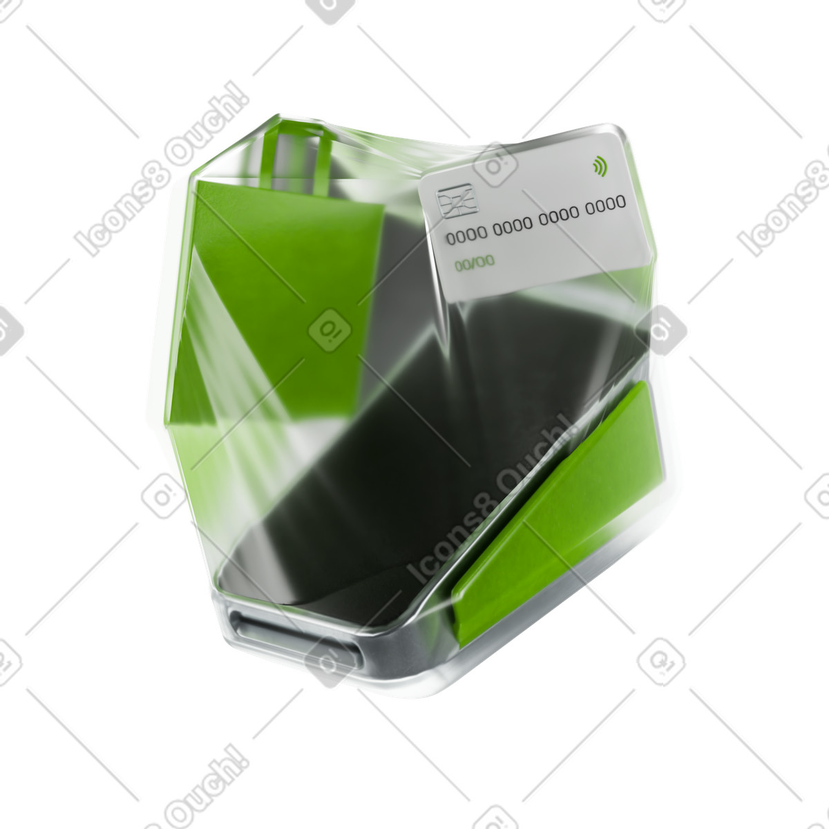 Ilustración Terminal de pago con tarjeta bancaria y bolsa compra envuelta en plástico, procesamiento pagos seguro estilo Experimental a descargar PNG SVG