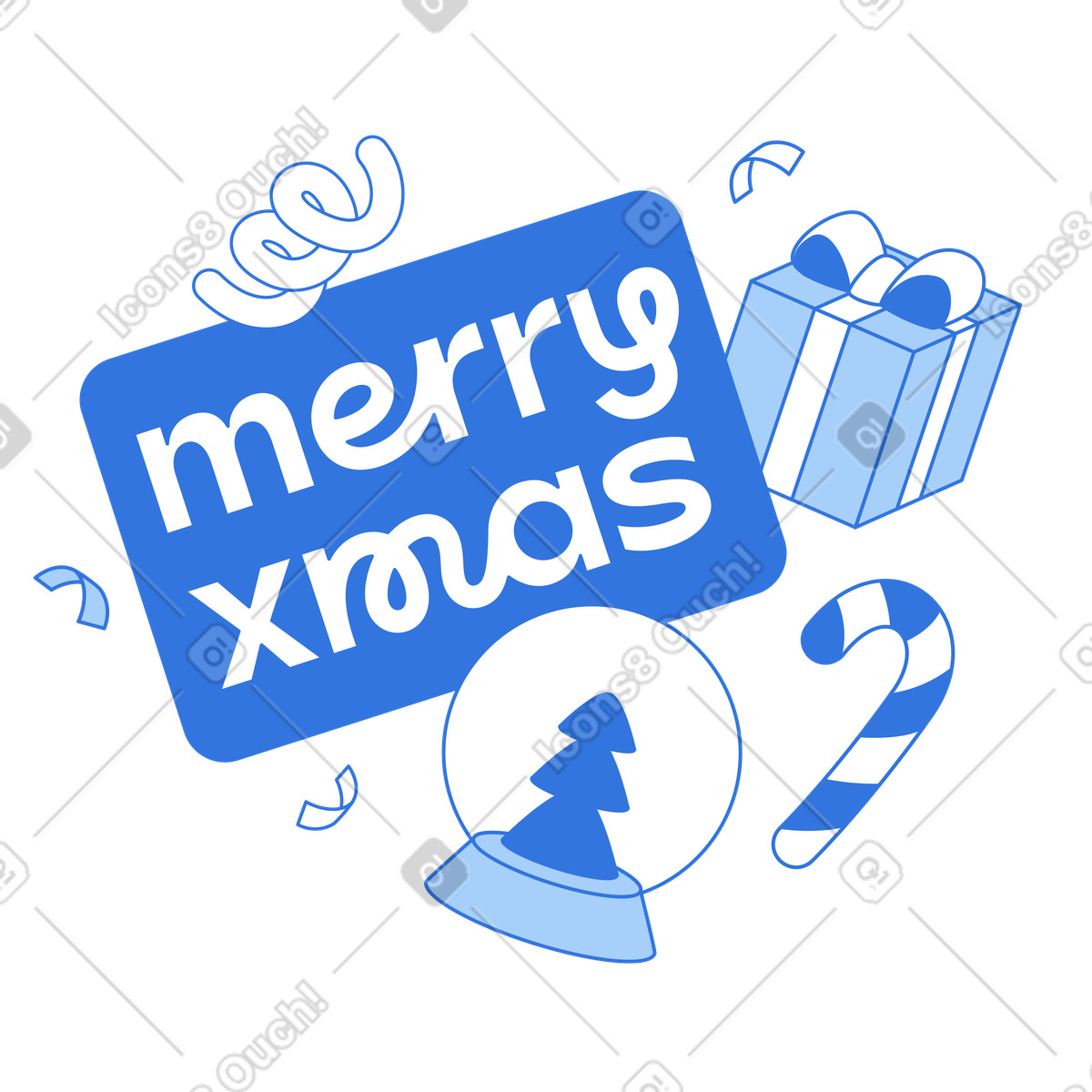 Merry Xmas sign with snow globe and candy cane, Seasonal greeting illustration in Sky style download in PNG, SVG
