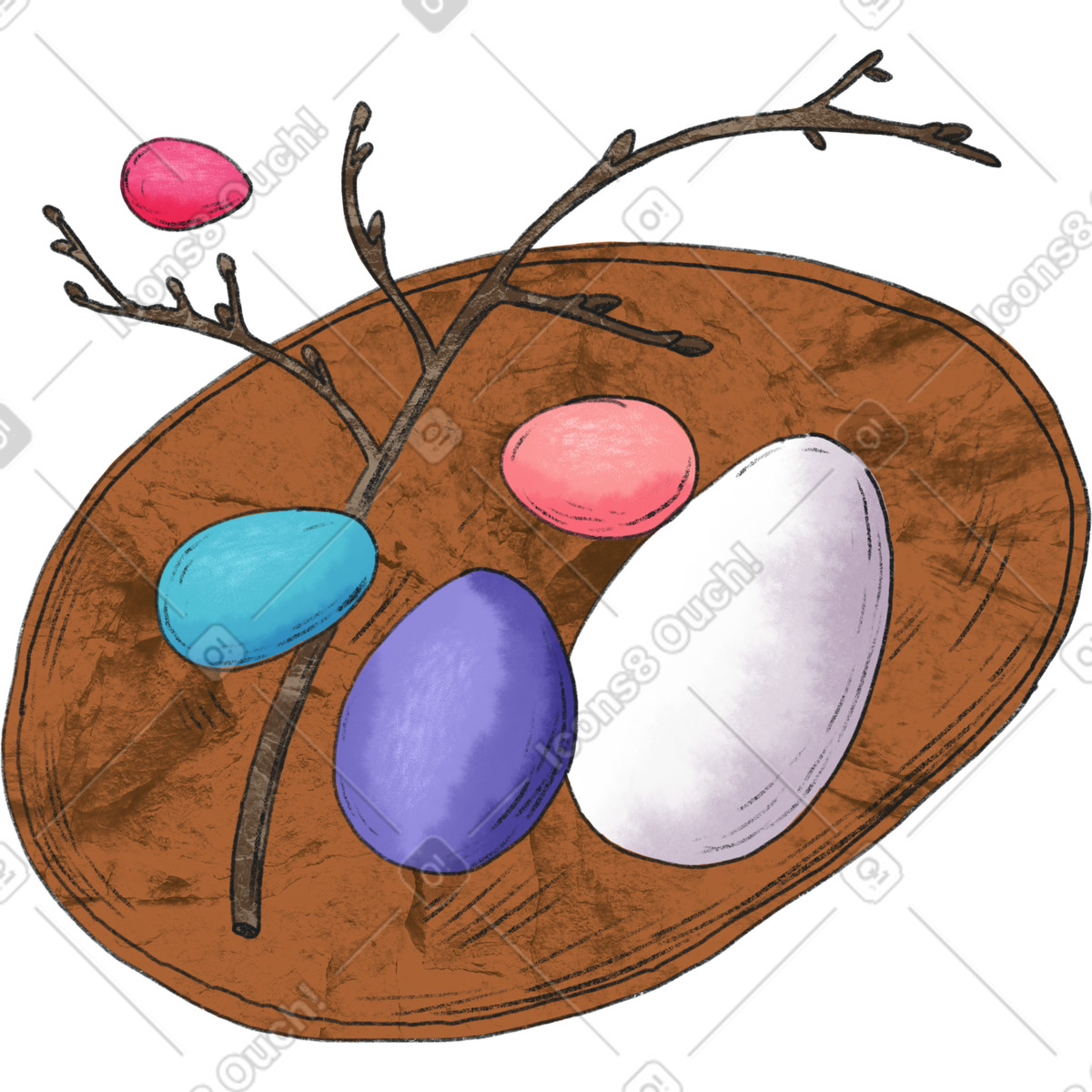 Brown plate with colored easter eggs and a twig illustrazione in stile Moments scarica in PNG, SVG
