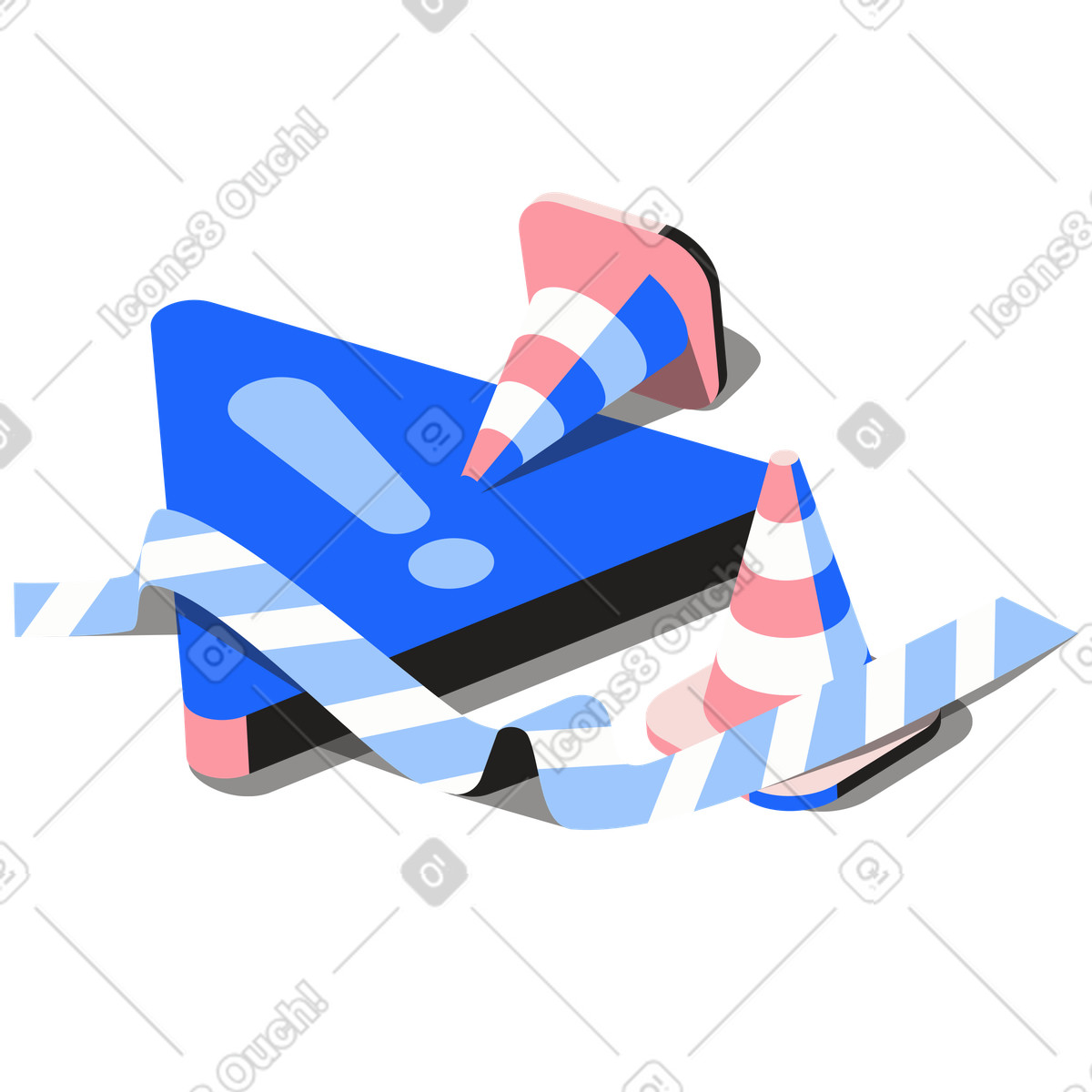 Fatal error with danger sign and traffic cones illustration in PNG, SVG