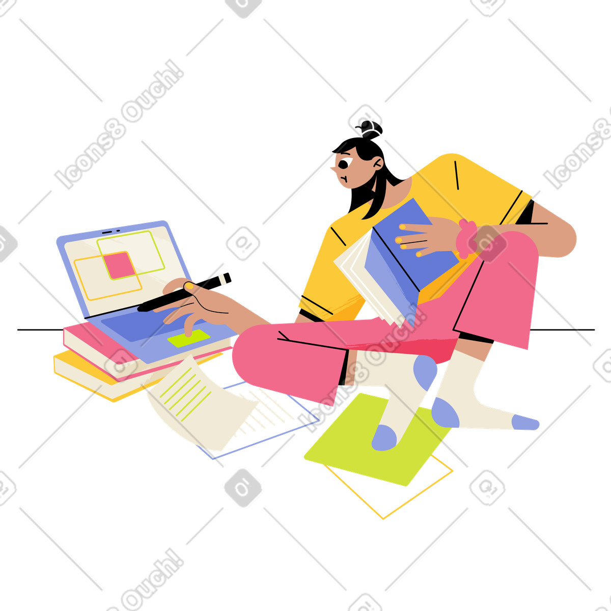 Student taking notes while using computer, E-learning at home animated illustration in Juicy style download in GIF, Lottie (JSON), AE