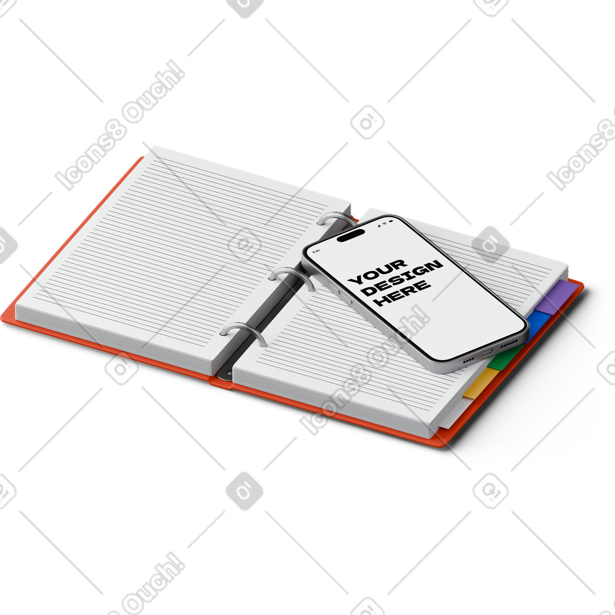 Isometric view of smartphone mockup on binder illustrazione in stile 3D Hygge scarica in PNG, SVG