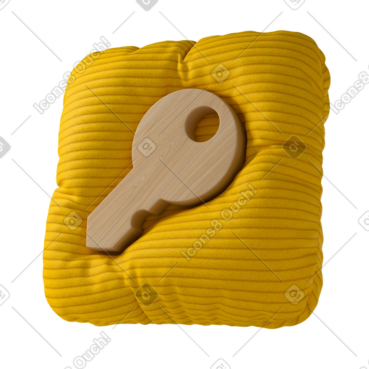 Illustration Clé minimaliste sur coussin moelleux, sécurité des mots de passe, protection l'accès et la confidentialité dans le style 3D Plush icons à télécharger aux formats PNG, SVG