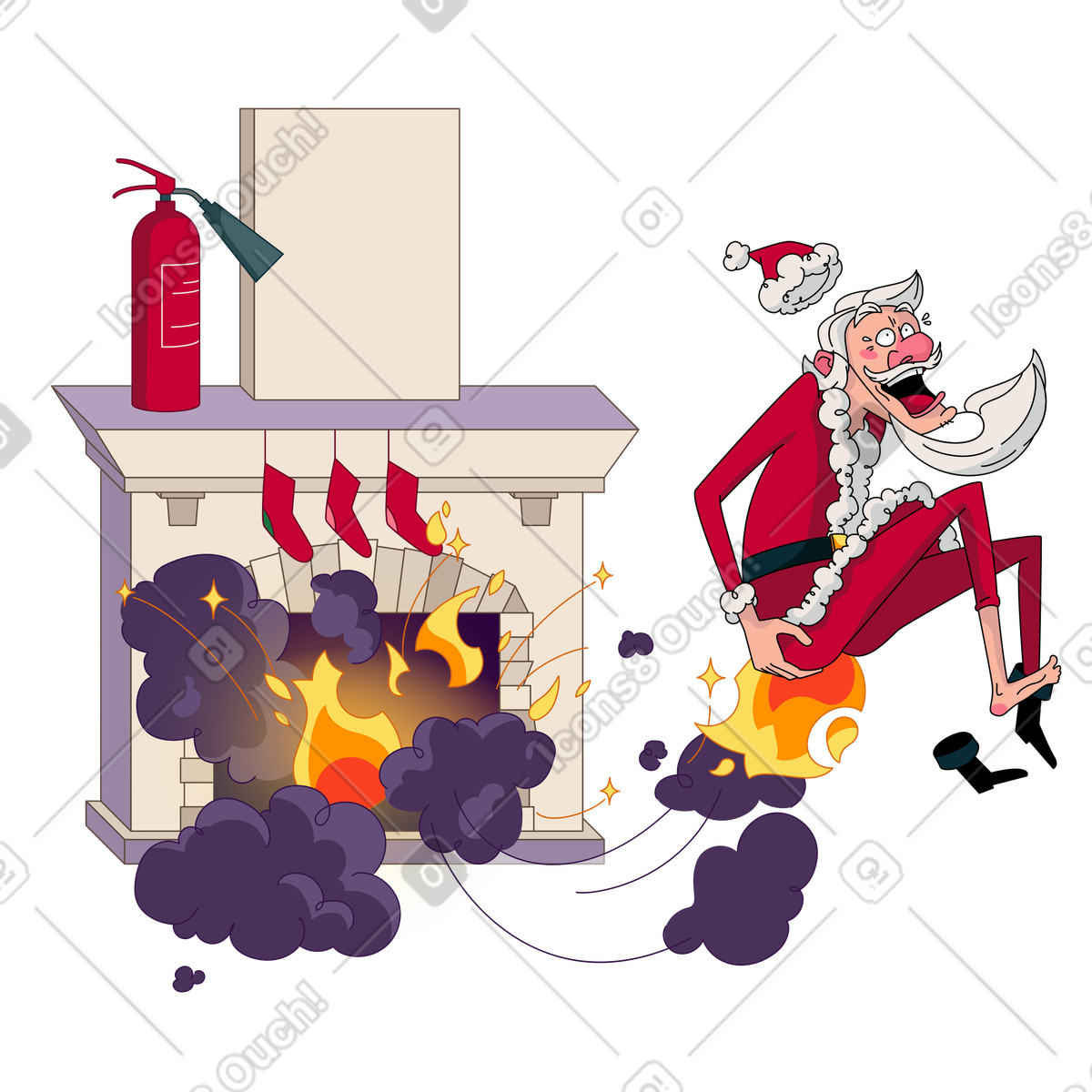 Der weihnachtsmann springt mit brennendem hintern aus dem kamin-Illustration im Santa Camp-Stil als Download in PNG, SVG
