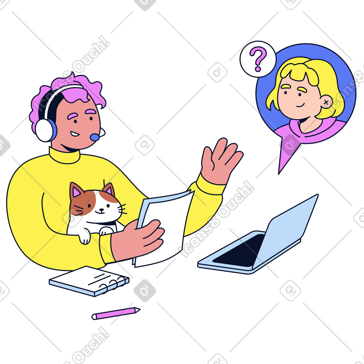 Support agent with headset helping user online, Friendly remote assistance illustrazione in stile Flexy scarica in PNG, SVG
