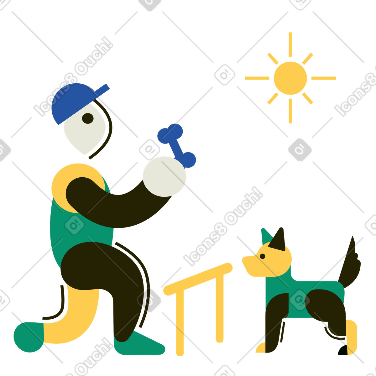 Mann bringt seinem hund tricks bei-Illustration im Spot-Stil als Download in PNG, SVG