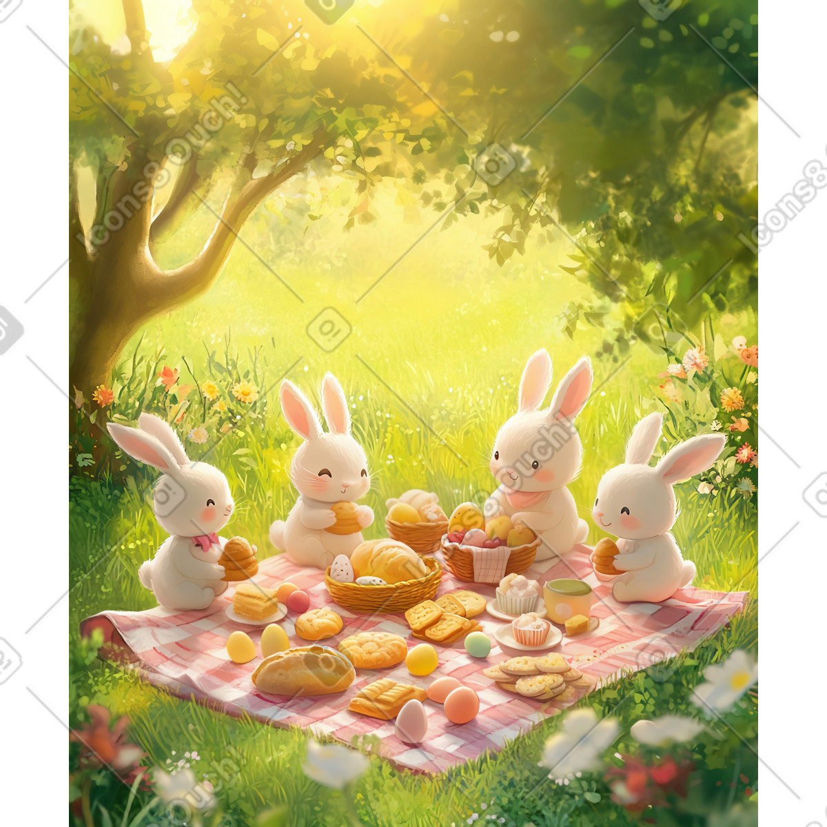 Cute bunnies at the easter picnic in woods illustration Postcards style download PNG, SVG