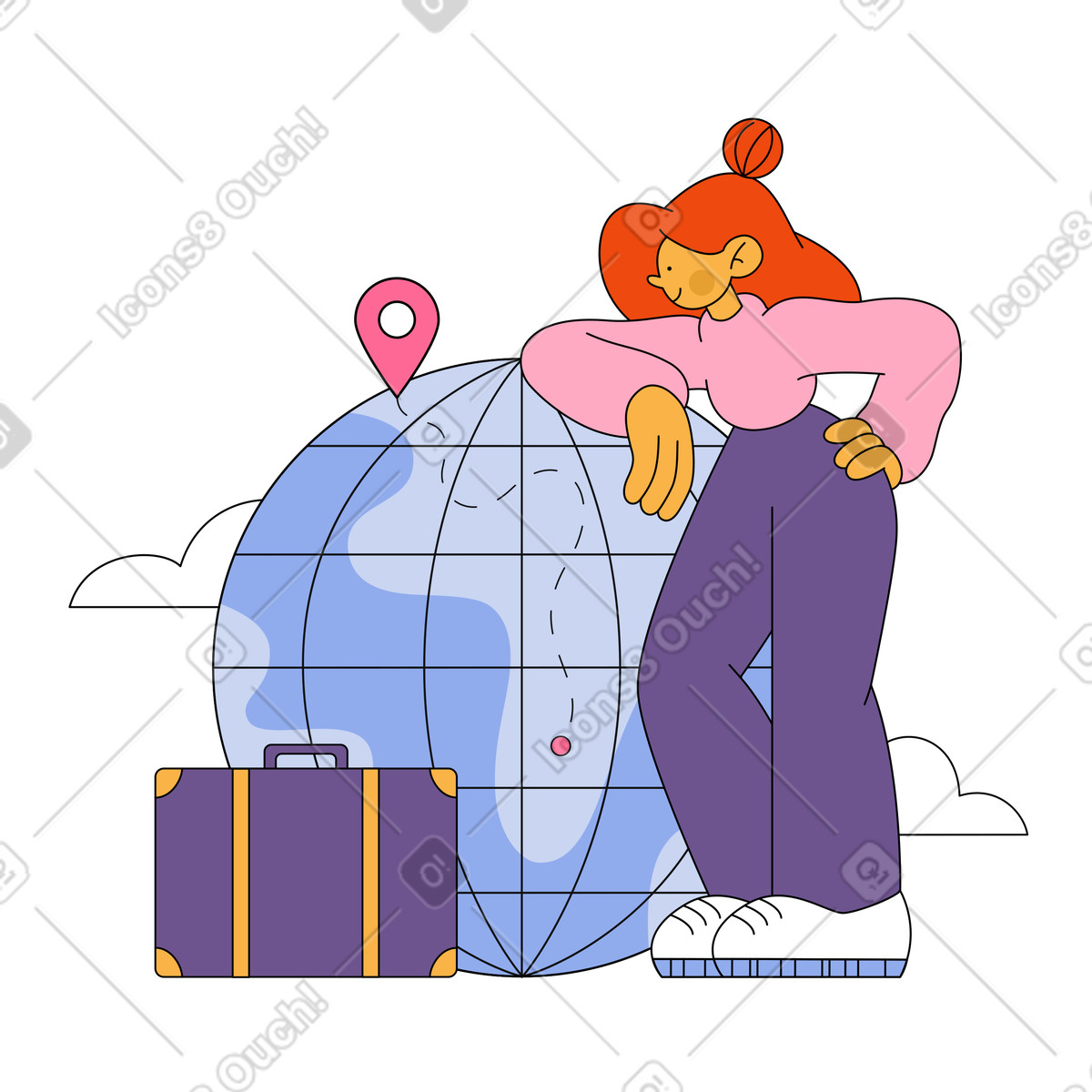 Ilustração de Menina com uma mala ao lado um planeta em no estilo Bloom para baixar em PNG, SVG