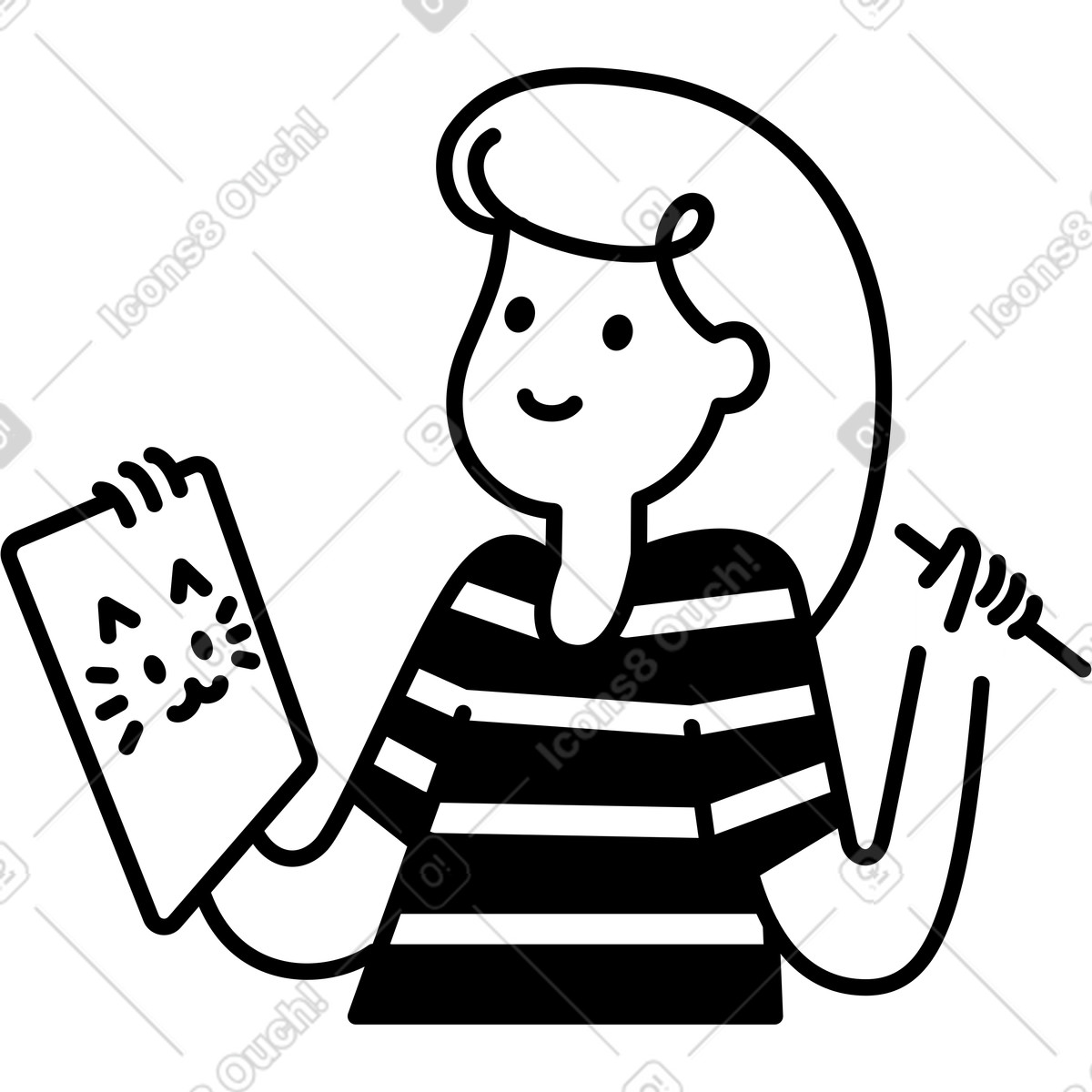 Illustration Artiste tenant une tablette graphique avec un croquis de chat mignon dans le style Notion Line Art à télécharger aux formats PNG, SVG