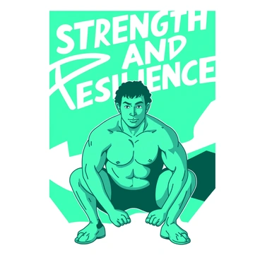 A teal motivational poster features a person in a sumo squat position, showcasing their strength and determination. The individual is wearing bright athletic gear, emphasizing their muscular build and focus. The background contains dynamic shapes in white, creating a sense of movement and energy. Above the person, the phrase "Strength and Resilience" is prominently displayed in bold, white letters, inspiring viewers to push their limits. The overall composition is eye-catching and encourages a positive mindset.
