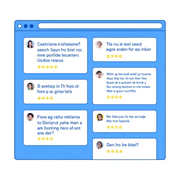 A blue webpage displays a collection of five-star reviews prominently featured in a grid layout. Each review is framed within a white box, showcasing glowing feedback from various users. Accompanying the text are cheerful smiling emojis in a vibrant yellow, enhancing the positive sentiment conveyed in the reviews. The overall design is clean and user-friendly, making the five-star ratings stand out attractively against the blue background.