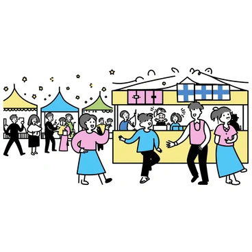 A lively Helsinki festival scene, featuring a group of people dancing joyfully in front of a colorful stall. The stall is decorated with vibrant banners displaying the Finnish flag and various traditional motifs. In the background, musicians are playing instruments, creating an atmosphere filled with energy. The crowd consists of individuals wearing traditional Finnish attire, showcasing a variety of colors and patterns, while others are enjoying food from nearby stalls. Brightly colored tents and string lights add to the festive ambiance.