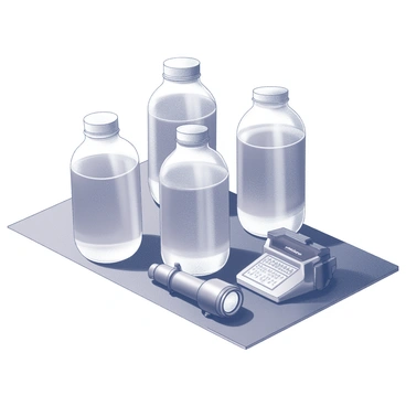 A neatly arranged tsunami emergency kit displayed on a flat surface. The kit includes several sealed containers of water positioned prominently. Next to the water, there is a compact, sturdy flashlight, along with a small battery-powered radio. Each item is clearly visible and labeled, showcasing their importance for emergency situations. The overall composition conveys a sense of preparedness and organization.