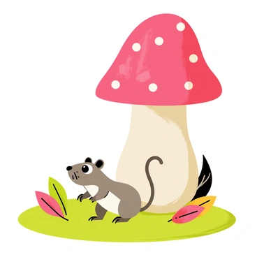 A small, curious shrew with soft gray fur stands on its hind legs, its tiny black eyes wide with interest. In front of the shrew is a large mushroom, featuring a vibrant red cap dotted with white spots. The mushroom towers over the shrew, set against a backdrop of green moss and a scattered array of colorful leaves fallen on the forest floor. Sunlight filters gently through the trees, casting dappled light on the scene, enhancing the vivid colors of the mushroom and surrounding nature.